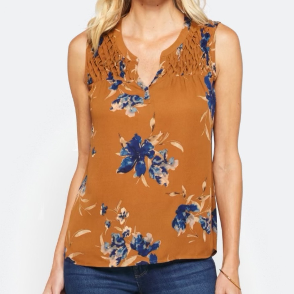 Carin Floral Sleeveless Top - Blue and Brown